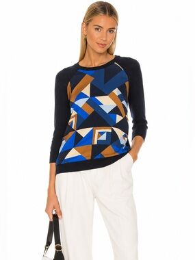 J.Crew Merino Wool Silk Geometric Sweater Medium Blue Black Colorblock Crew